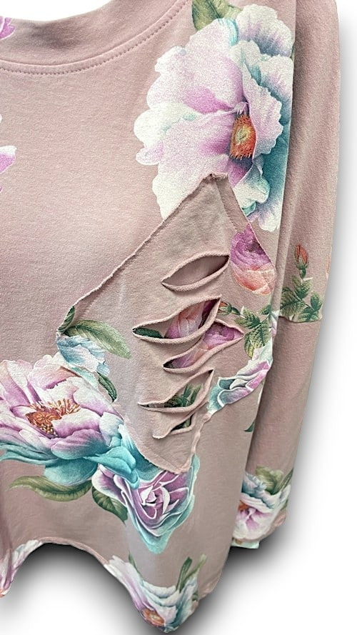Helga May - Baby Pink Ombre Peony Ripped Cotton Sweater