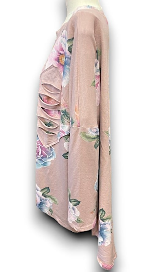 Helga May - Baby Pink Ombre Peony Ripped Cotton Sweater