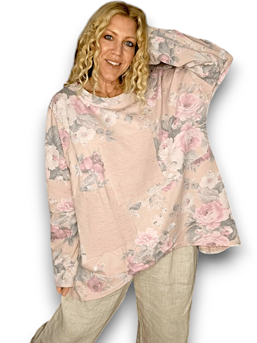 Helga May - Baby Pink Scarlett Rose Patchwork Cotton Sweater