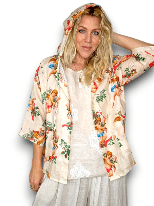 Helga May - Beige Angels Wood Button Linen Hoodie
