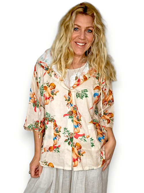 Helga May - Beige Angels Wood Button Linen Hoodie