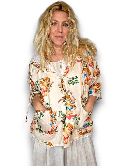 Helga May - Beige Angels Wood Button Linen Hoodie