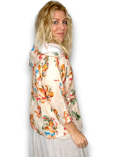 Helga May - Beige Angels Wood Button Linen Hoodie