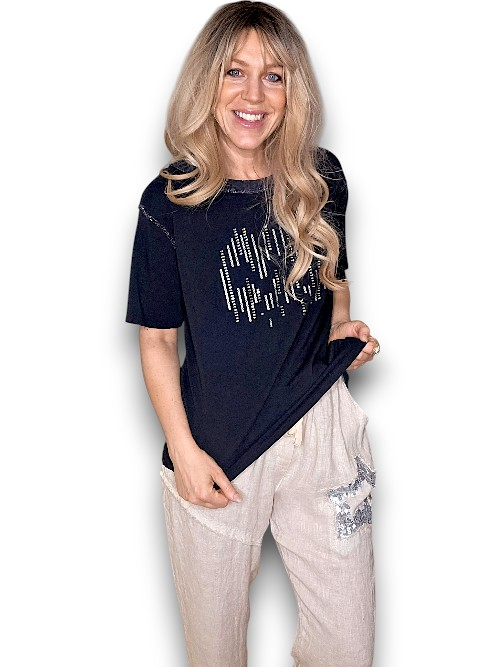Helga May - Black Diamante Stripes Tee