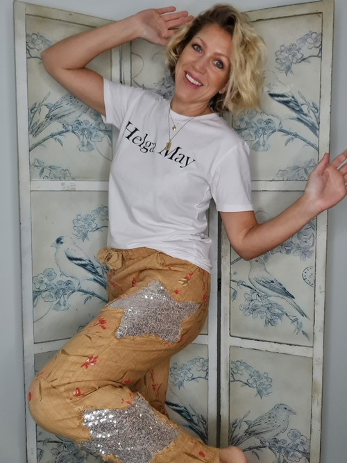 Helga May - Caramel Aika Rose Linen Sequin Star Pants