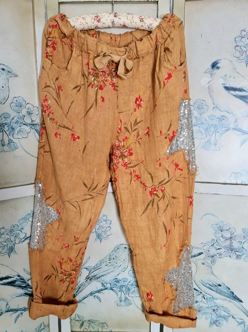 Helga May - Caramel Aika Rose Linen Sequin Star Pants
