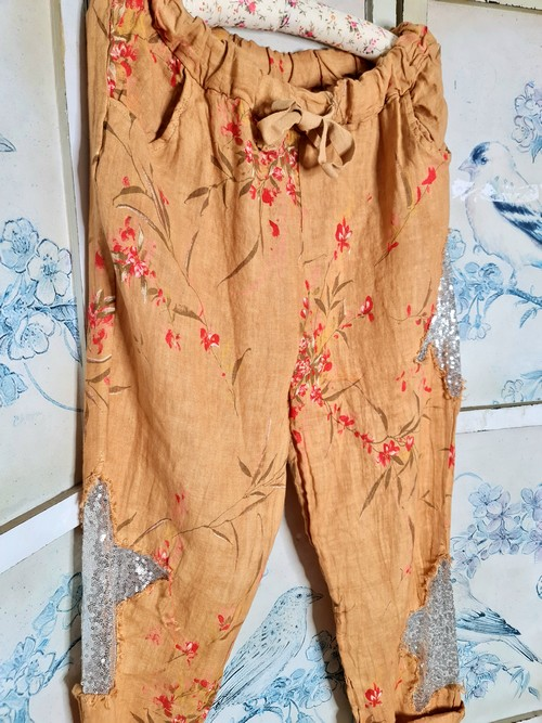Helga May - Caramel Aika Rose Linen Sequin Star Pants