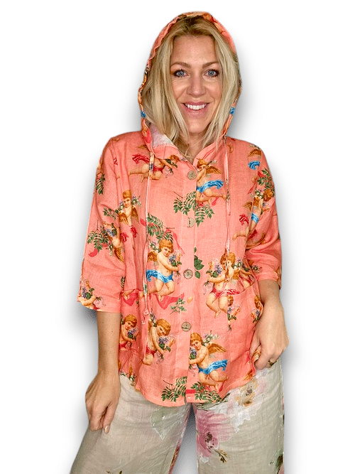 Helga May - Coral Angels Wood Button Linen Hoodie