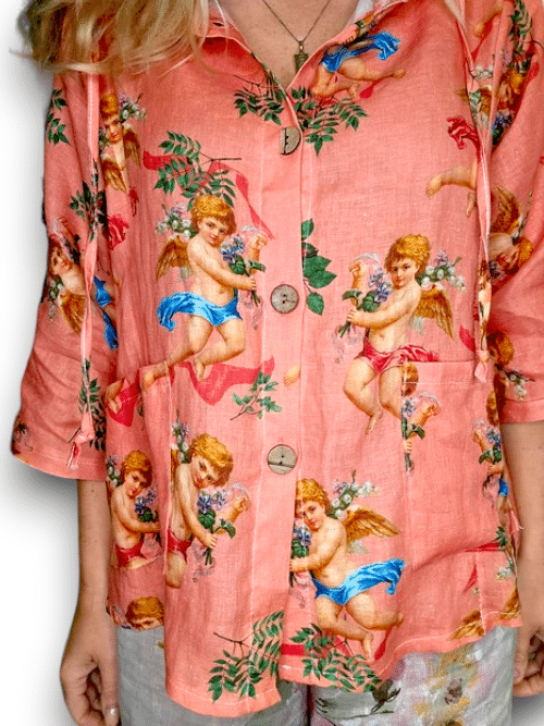 Helga May - Coral Angels Wood Button Linen Hoodie