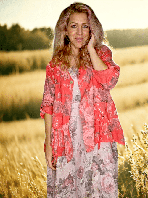 Helga May - Coral Scarlett Rose Sequin Pocket Linen Jacket