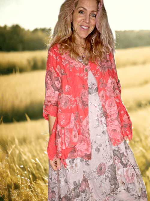 Helga May - Coral Scarlett Rose Sequin Pocket Linen Jacket