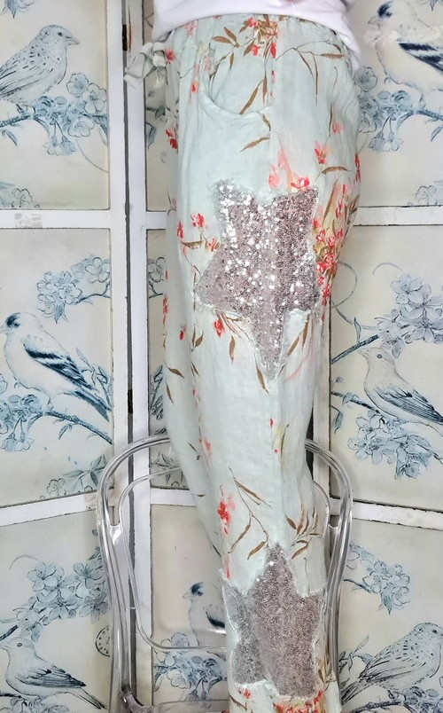 Helga May - Light Mint Aika Rose Linen Sequin Star Pants