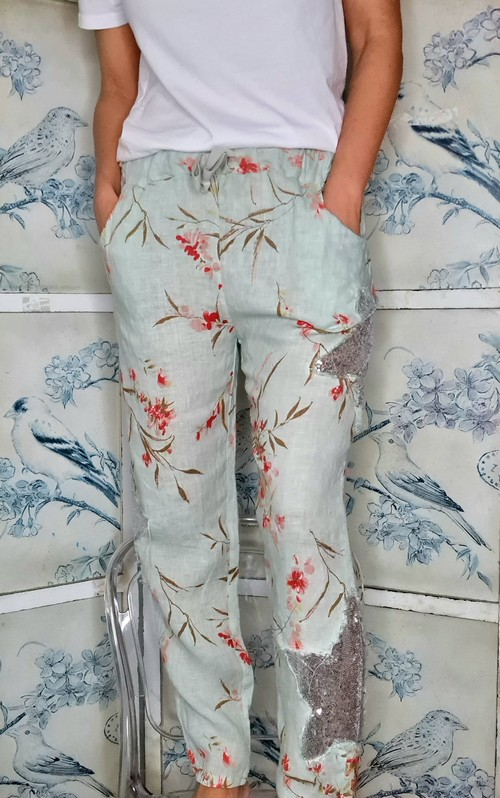 Helga May - Light Mint Aika Rose Linen Sequin Star Pants
