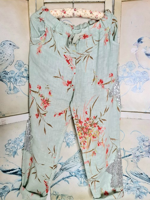 Helga May - Light Mint Aika Rose Linen Sequin Star Pants