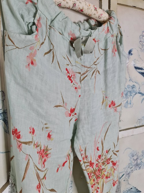 Helga May - Light Mint Aika Rose Linen Sequin Star Pants