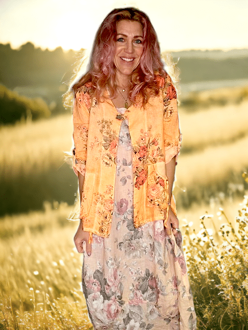 Helga May - Neon Orange High Tea Sequin Pocket Linen Jacket