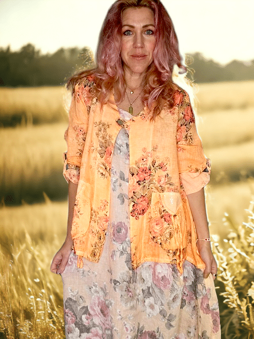 Helga May - Neon Orange High Tea Sequin Pocket Linen Jacket