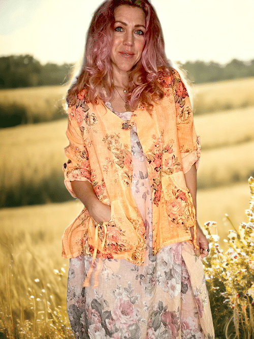 Helga May - Neon Orange High Tea Sequin Pocket Linen Jacket