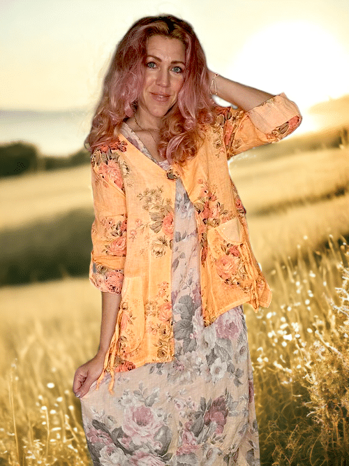 Helga May - Neon Orange High Tea Sequin Pocket Linen Jacket