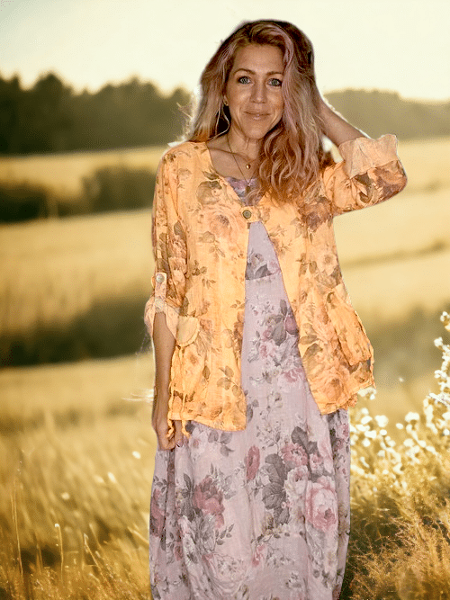 Helga May - Neon Orange Scarlett Rose Sequin Pocket Linen Jacket