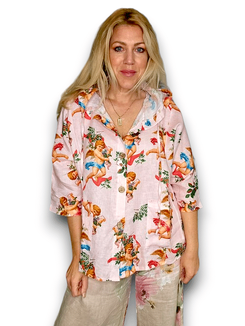 Helga May - Pale Pink Angels Wood Button Linen Hoodie