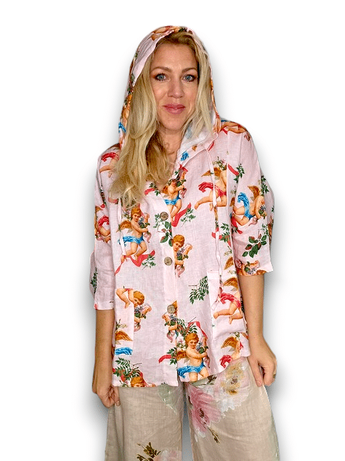 Helga May - Pale Pink Angels Wood Button Linen Hoodie