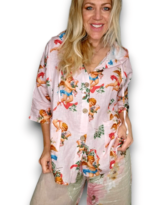 Helga May - Pale Pink Angels Wood Button Linen Hoodie