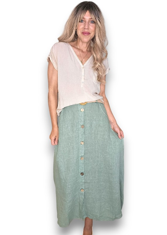 Helga May - Midi Raffia Belt Linen Skirt - Grey, Sage, Black, Brick