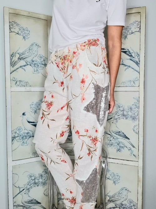 Helga May - Vanilla Aika Rose Linen Sequin Star Pants
