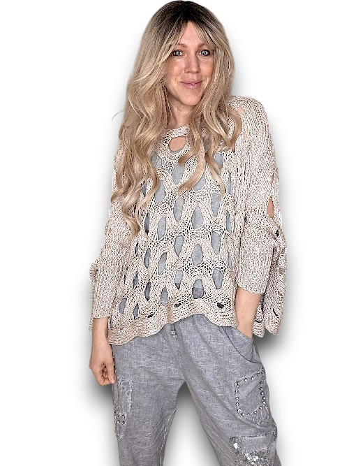 Helga May - Beige Wave Hollow Boxy Cuff Knit