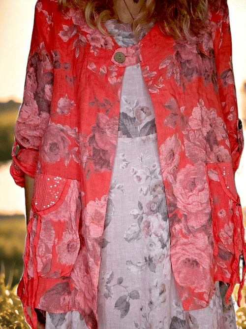 Helga May - Coral Scarlett Rose Sequin Pocket Linen Jacket