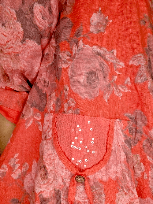 Helga May - Coral Scarlett Rose Sequin Pocket Linen Jacket