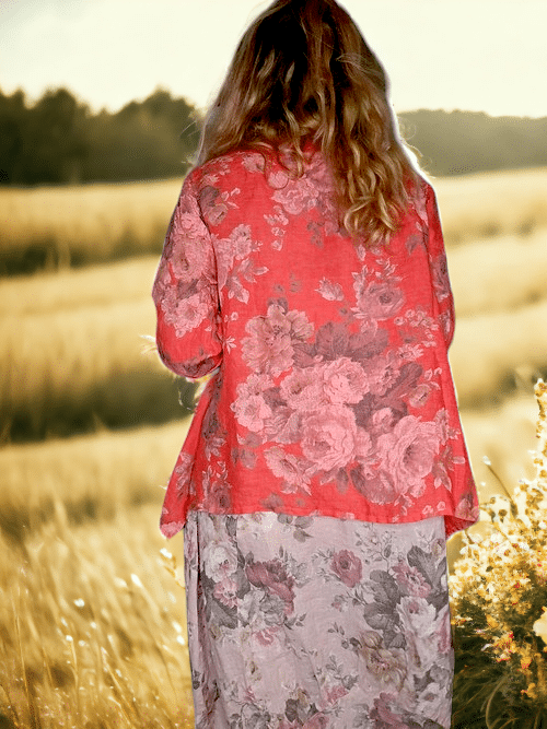 Helga May - Coral Scarlett Rose Sequin Pocket Linen Jacket