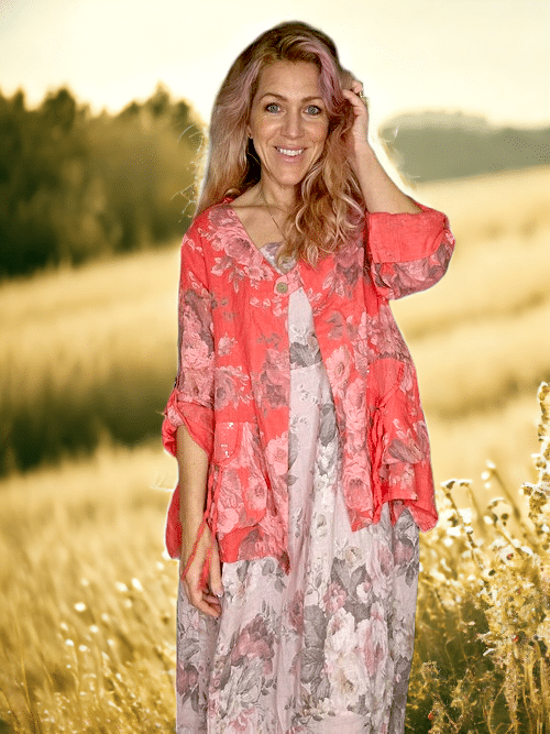 Helga May - Coral Scarlett Rose Sequin Pocket Linen Jacket