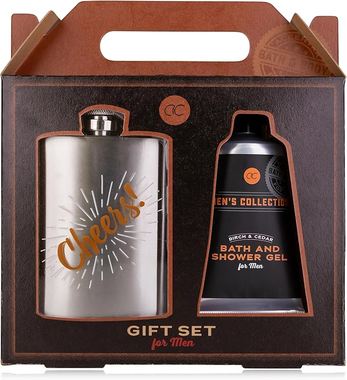 Men's Collection Gift Set - Stainless Steel Hip Flask & 60ml Bath Gel and Shower Gel in Kraft Paper Gift Box, Brown - Black
