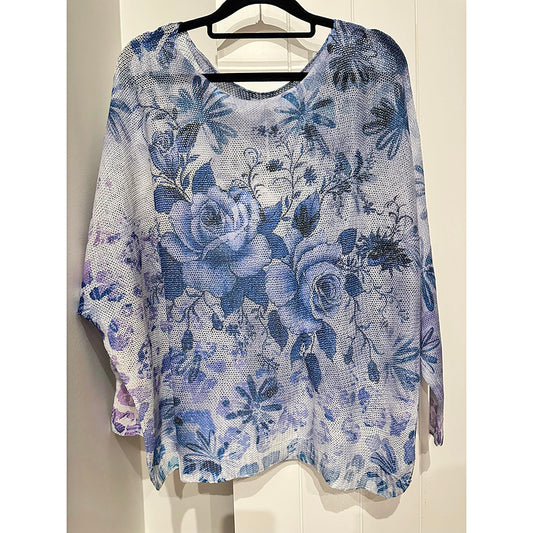 Made In Italy - Lightweight Blue Rose Print Top