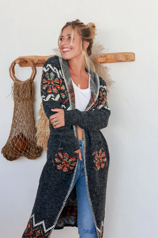 Cardigan - Geo Wanderer Long Charcoal