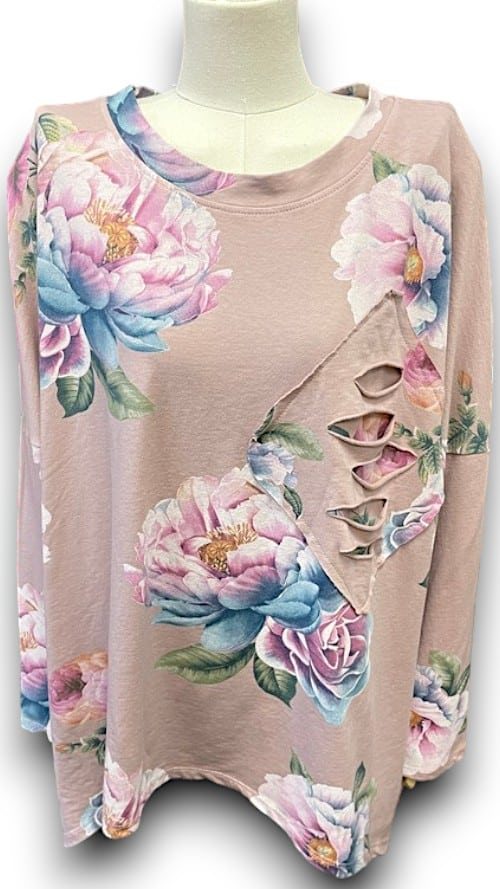 Helga May - Baby Pink Ombre Peony Ripped Cotton Sweater