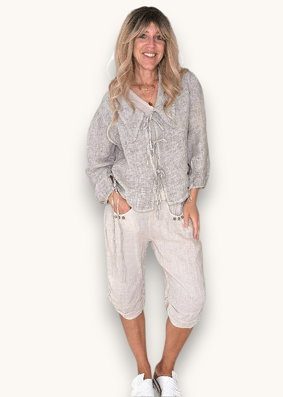 Helga May - Beige Plain Capri Linen Pant