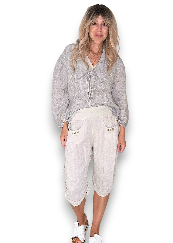 Helga May - Beige Plain Capri Linen Pant