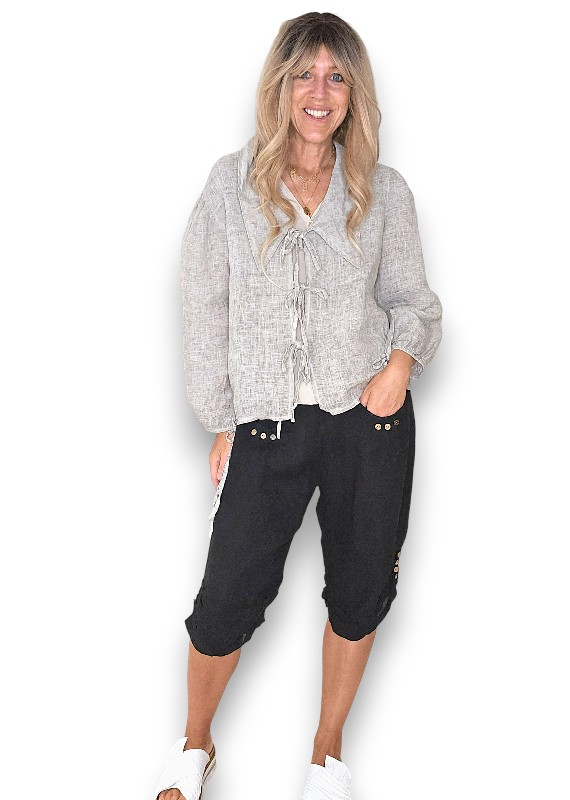 Helga May - Black Plain Capri Linen Pant