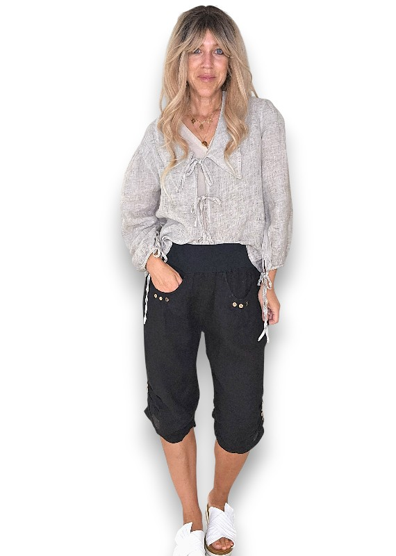 Helga May - Black Plain Capri Linen Pant