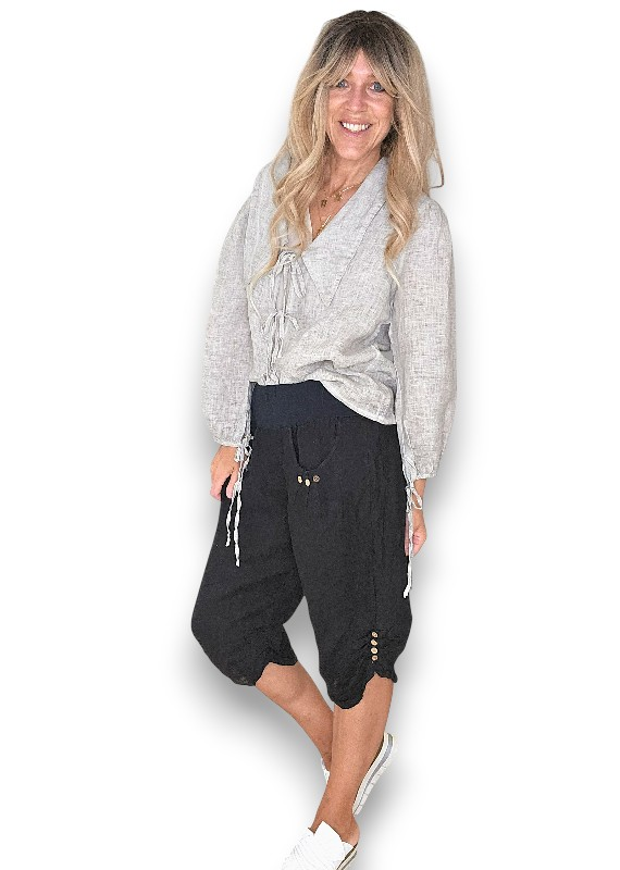Helga May - Black Plain Capri Linen Pant