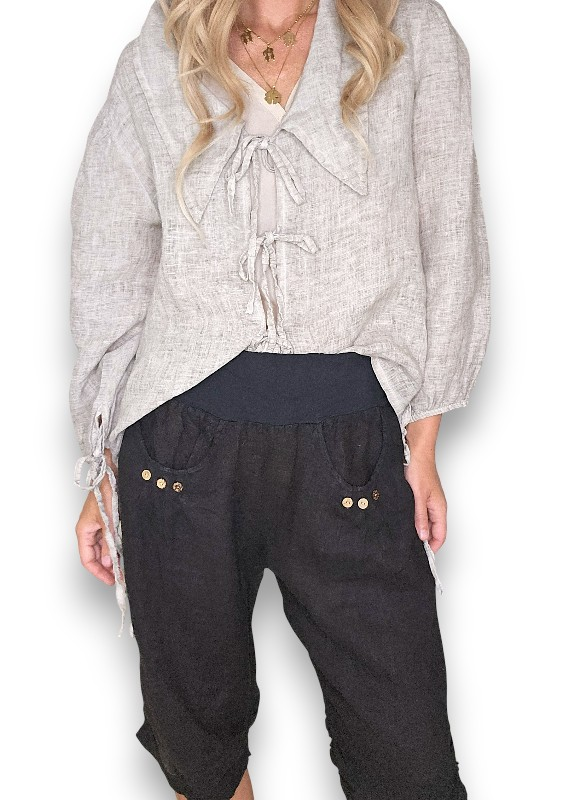 Helga May - Black Plain Capri Linen Pant
