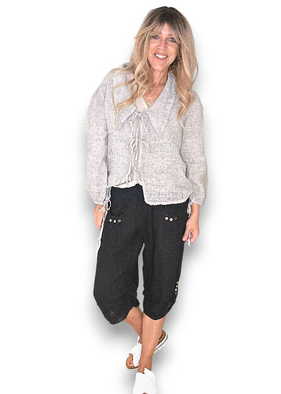 Helga May - Black Plain Capri Linen Pant