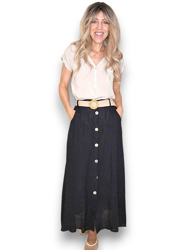Helga May -  Midi Raffia Belt Linen Skirt - Grey, Sage, Black, Brick