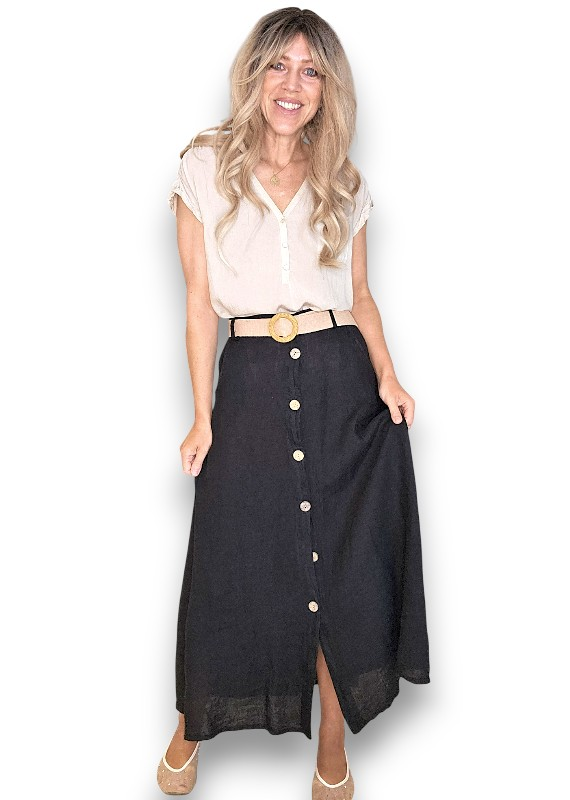 Helga May -  Midi Raffia Belt Linen Skirt - Grey, Sage, Black, Brick