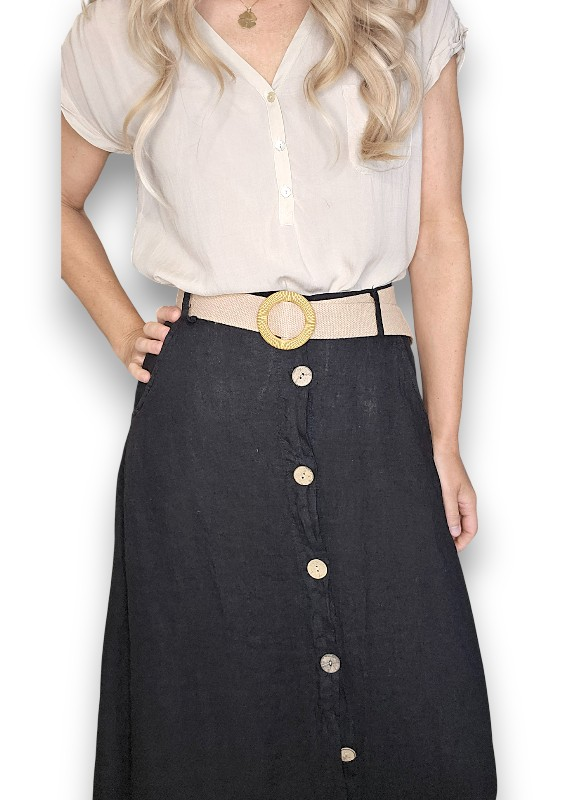 Helga May -  Midi Raffia Belt Linen Skirt - Grey, Sage, Black, Brick