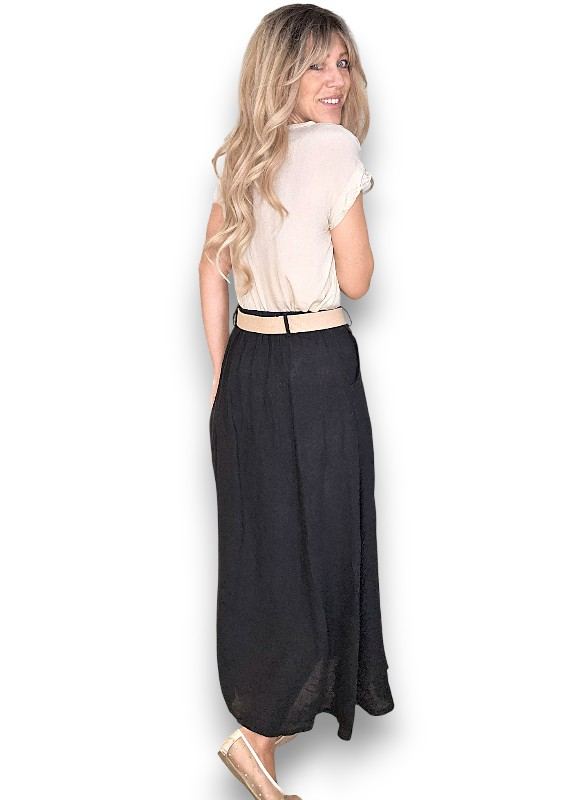 Helga May -  Midi Raffia Belt Linen Skirt - Grey, Sage, Black, Brick