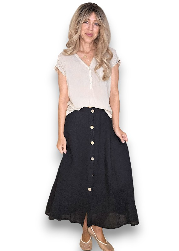 Helga May -  Midi Raffia Belt Linen Skirt - Grey, Sage, Black, Brick